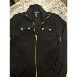 Ralph Lauren Full Zip Cardigan Jacket Womens XS Black 100% Cotton Pockets Gold